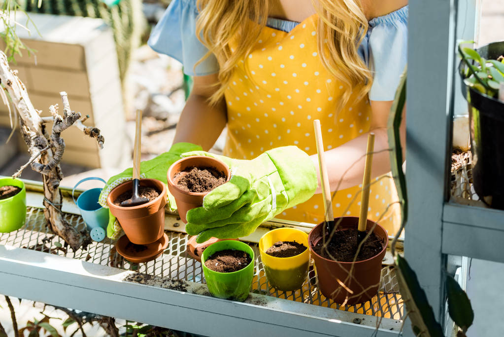 cropped shot of young woman holding flower pots in greenhouse - Photo, Image
