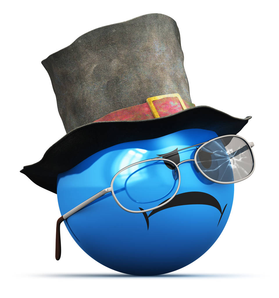 Creative abstract 3D render illustration of the bad sad disappointed blue smiley emoji, emoticon or icon with old crumpled top hat and broken eyeglasses, glasses or sunglasses isolated on white background - Photo, Image