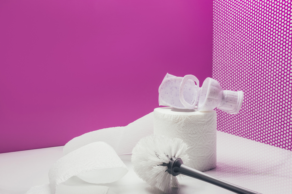 WC jouet en plastique avec brosse de toilette de taille réelle et rouleau de papier dans la salle miniature rose
 - Photo, image