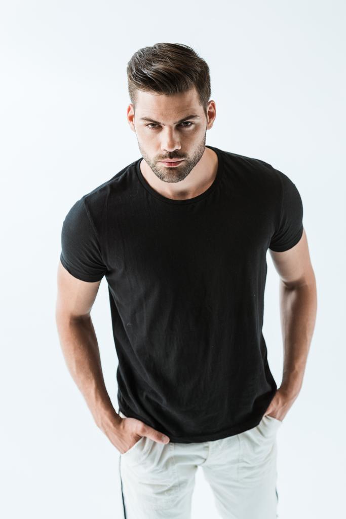 stylish young man in black t-shirt isolated on white background - Photo, Image