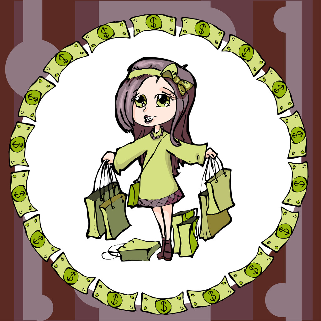 zakupy ładna dziewczyna - ilustracja wektorowa - Wektor, obraz