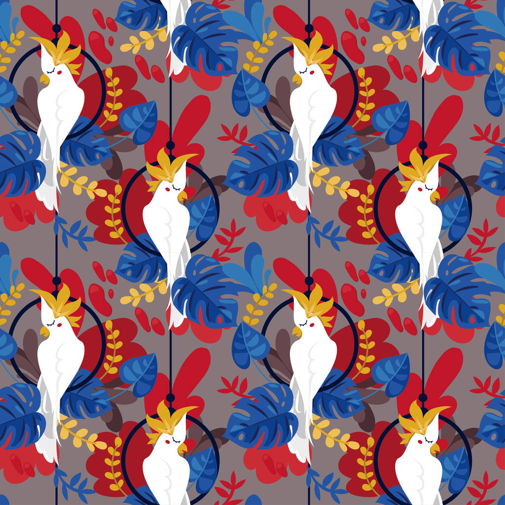 Бесшовный фон с попугаем какаду и тропическими растениями, плоский мультфильм и яркая палитра, векторная иллюстрация
 - Вектор,изображение