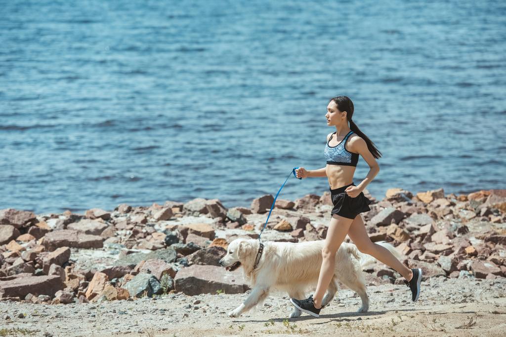 μακρινή θέα Ασίας αθλήτρια εκτελεί με σκύλο στην παραλία  - Φωτογραφία, εικόνα