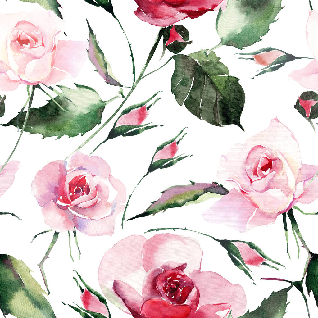Beautiful bright elegant wonderful colorful gentle pink spring herbal rose with buds and green leaves pattern watercolor hand illustration. Идеально подходит для поздравительных открыток, текстиля, обоев
 - Фото, изображение
