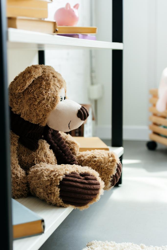close-up view of beautiful teddy bear and books on bookshelves in room - Photo, Image