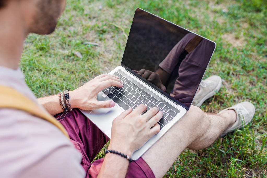částečný pohled člověka pomocí přenosného počítače, zatímco sedí na zelené trávě v parku - Fotografie, Obrázek