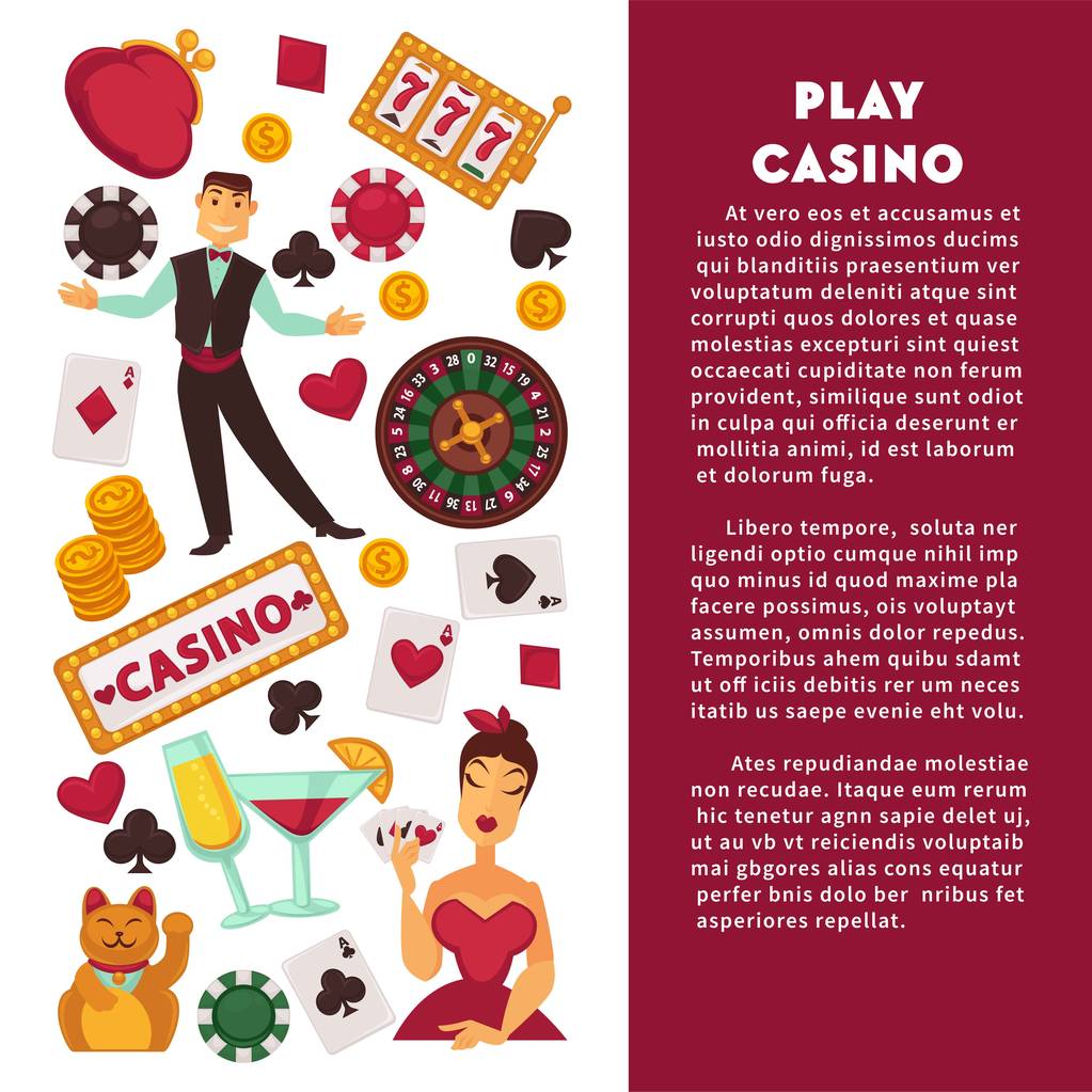 Casino poker game and jackpot gamble poster. Vector symbols of casino croupier playing cards, roulette and gambling chips or money golden coins in wallet purse and lucky winner 7 numbers - Vector, Image