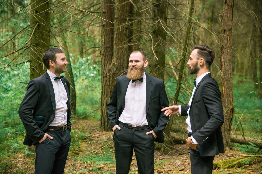 three successful business partner to discuss current Affairs in a pine forest - Photo, Image