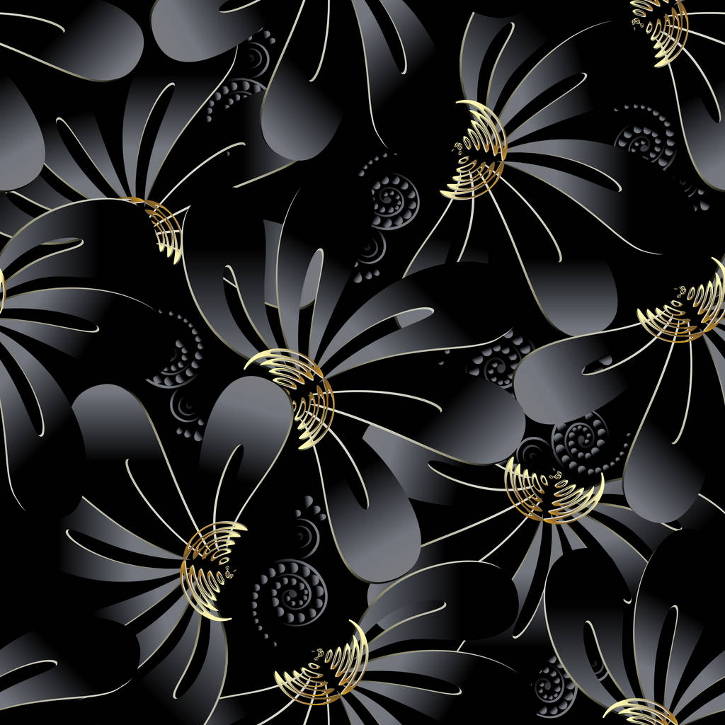 Ornado preto escuro floral 3d sem costura padrão
 - Vetor, Imagem