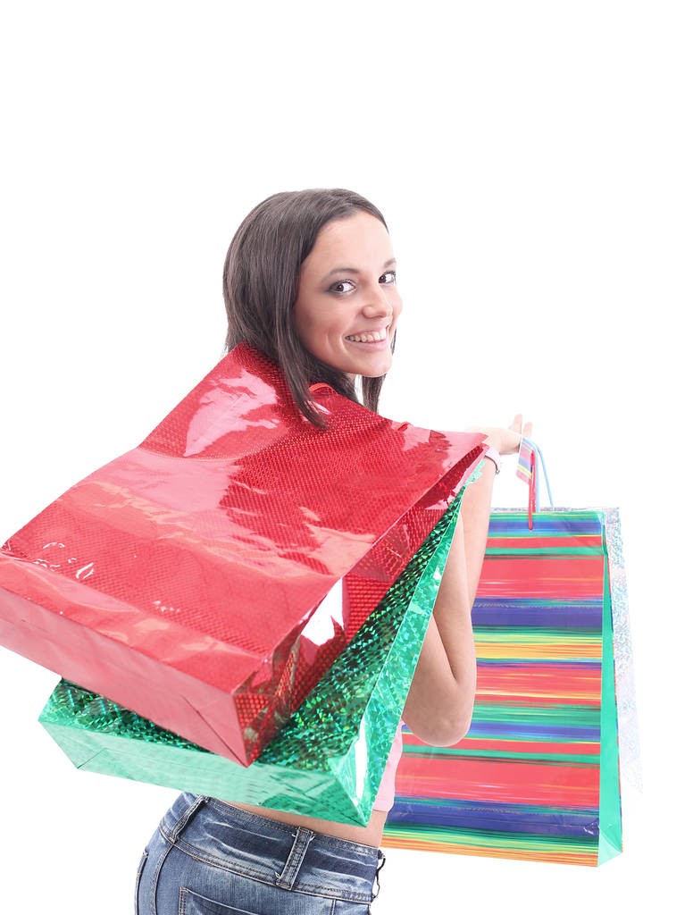 Portré fiatal boldog mosolygós nő bevásárló táskák - Fotó, kép