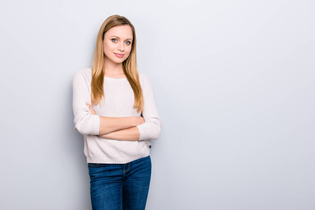 Portrait with copyspace empty place for product of nice gorgeous girl holding arms crossed looking at camera isolated on grey background - Photo, Image