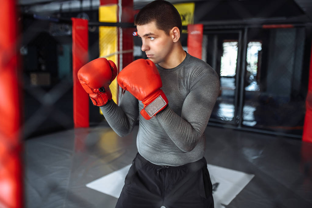 boxeur masculin engagé dans l'entraînement dans la salle de gym, dans une cage pour un combat sans règles
 - Photo, image