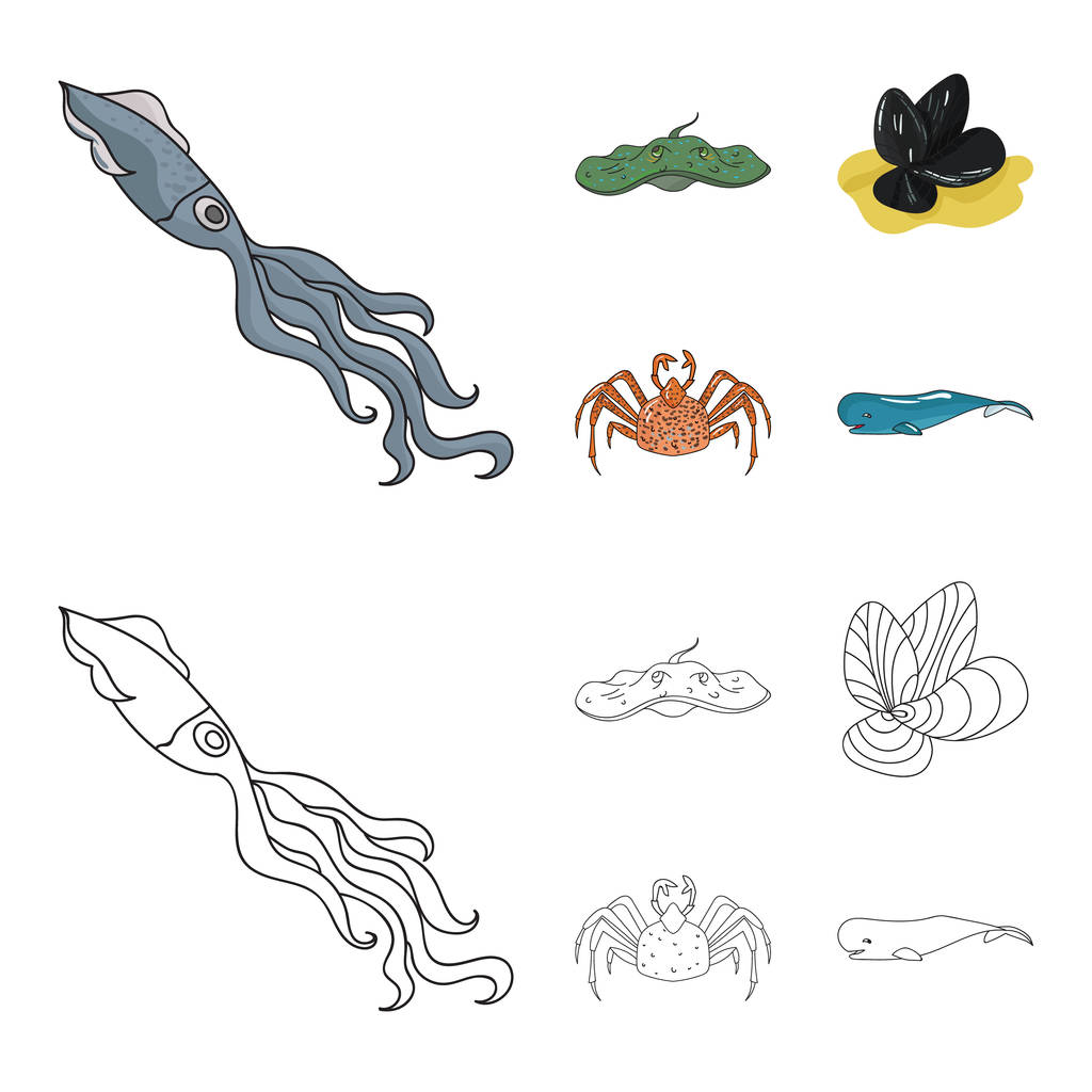 Elektrická rampa, mušle, krab, vorvaně. Mořští živočichové sada kolekce ikon v karikatuře, osnovy styl vektor symbol akcií ilustrace web. - Vektor, obrázek