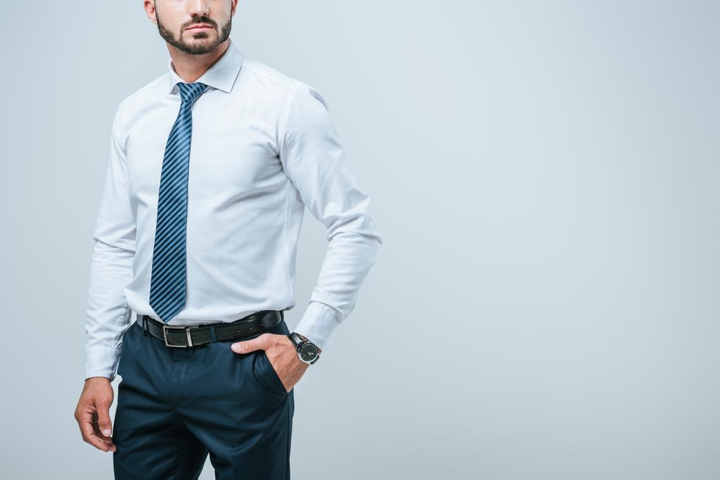 обрізаний образ бізнесмена, що стоїть з рукою в кишені ізольовано на сірому
 - Фото, зображення