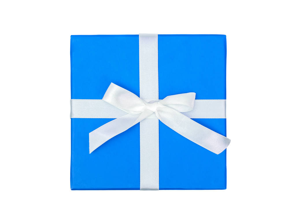 Top näkymä sininen laatikko lahja ja valkoinen keula eristetty valkoisella taustalla
 - Valokuva, kuva