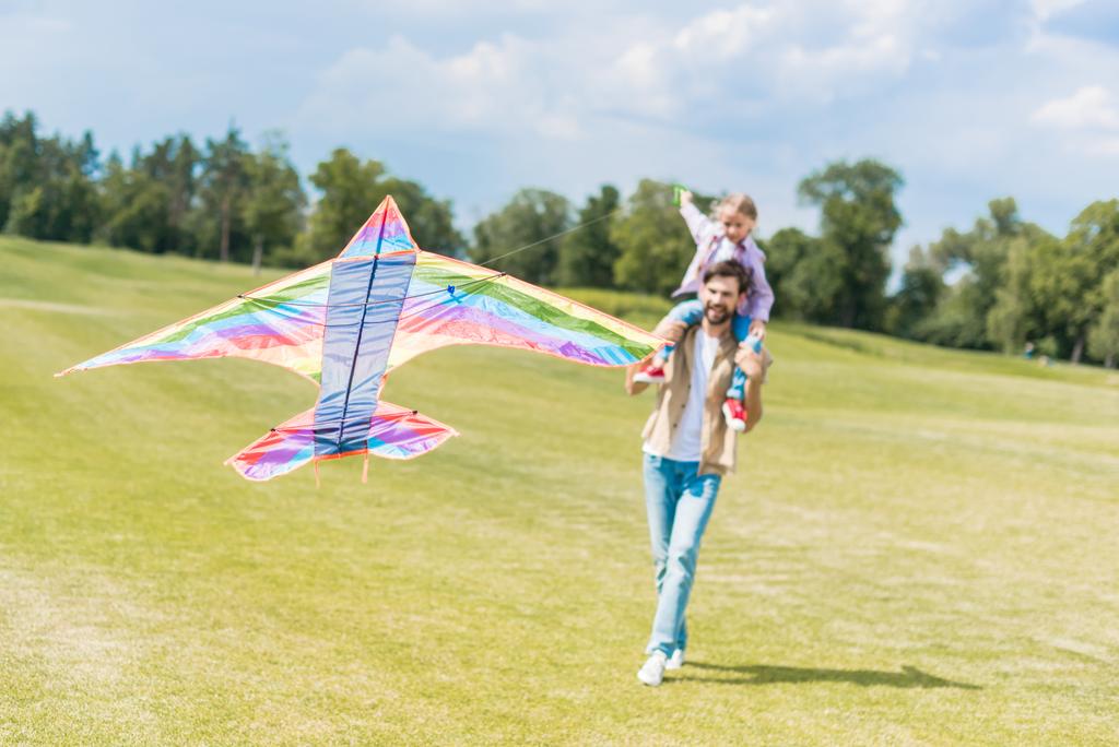 feliz padre y linda hijita jugando con colorido cometa en el parque
 - Foto, Imagen