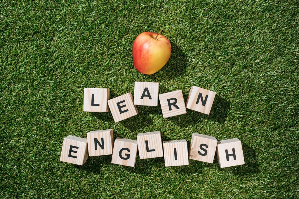 horní pohled na čerstvé jablko a naučit se anglicky nápis z dřevěných bloků na zelené trávě - Fotografie, Obrázek