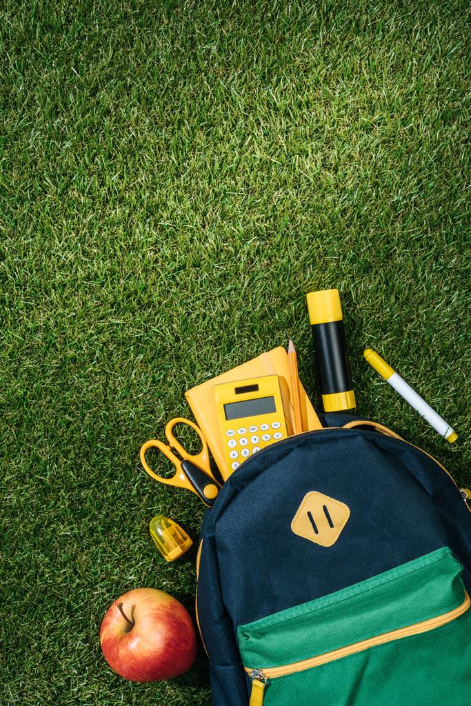 flat lay with fresh apple, backpack and stationery on green grass - Photo, Image