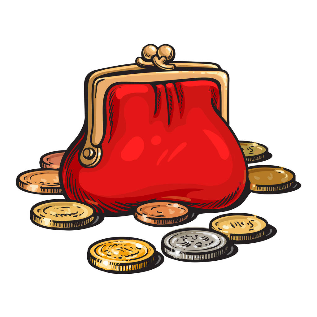 Porte-monnaie rouge avec pièces de monnaie, or, solveur et cuivre. Illustration vectorielle dessinée à la main de style dessin animé isolée sur fond blanc
. - Vecteur, image