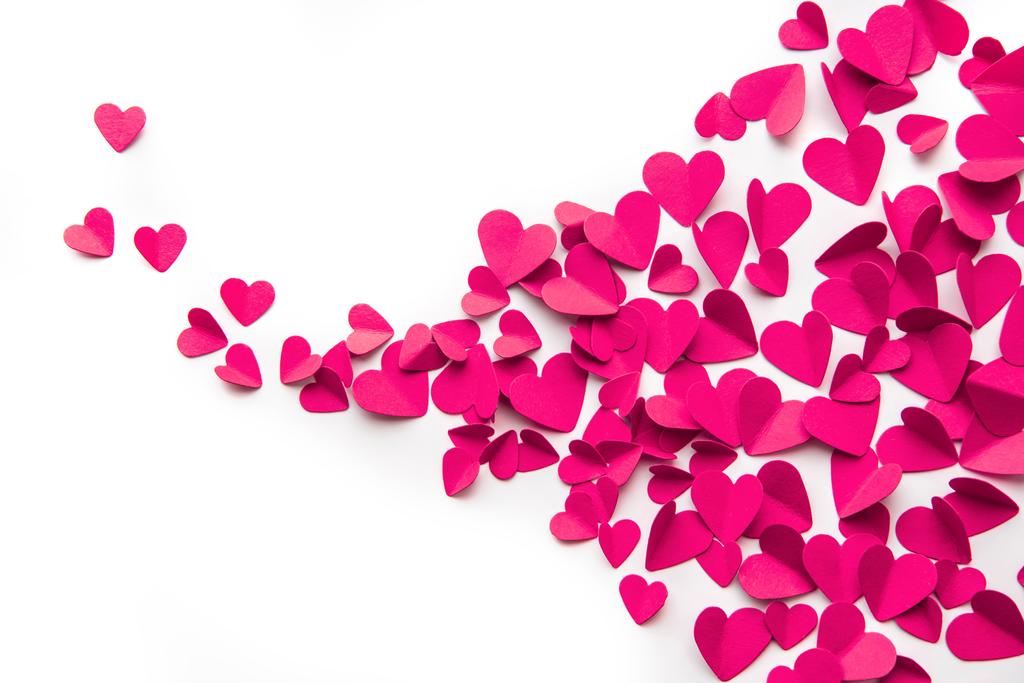 top view of pink paper hearts isolated on white  - Photo, Image