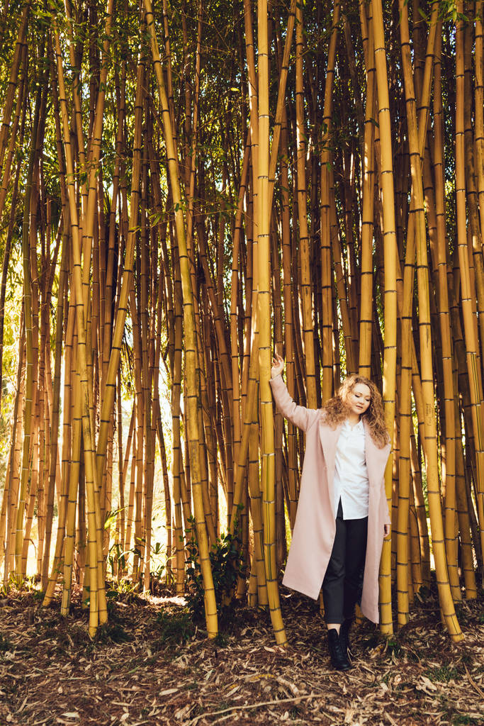 elegante hermosa chica en camisa blanca y abrigo rosa posando cerca de los árboles de bambú en el parque
 - Foto, imagen