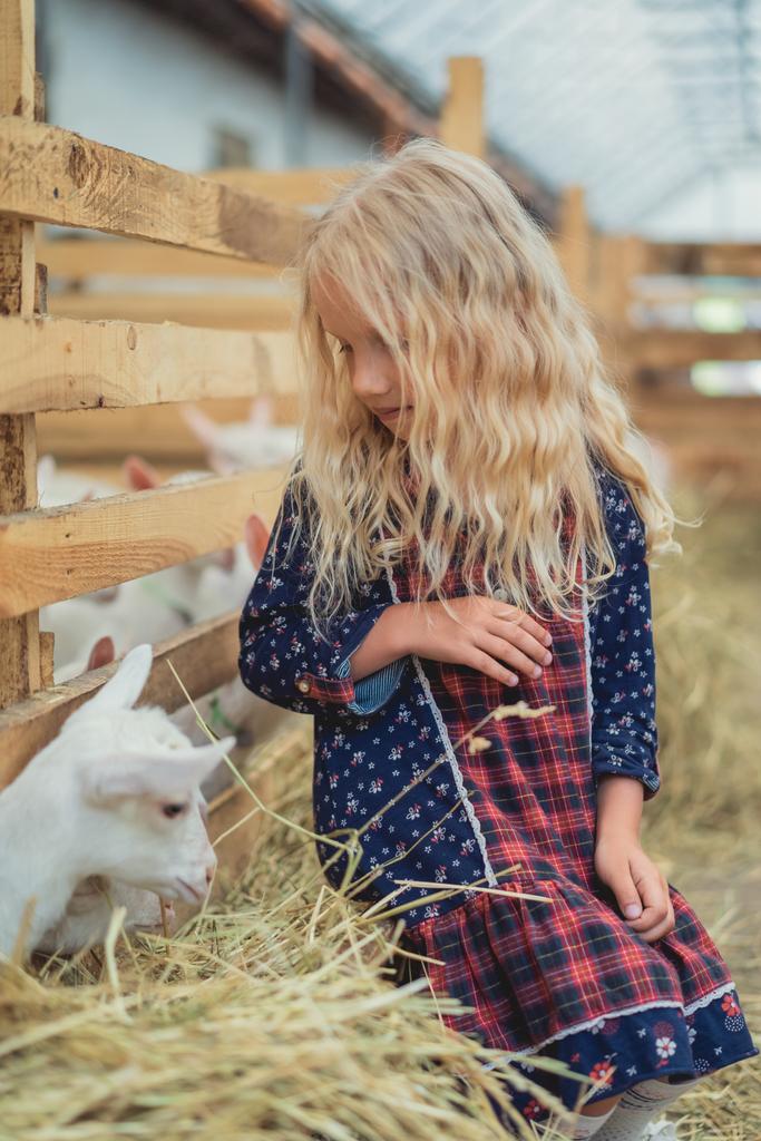 αξιολάτρευτο παιδί βλέπει μικρό κατσίκι στο αγρόκτημα - Φωτογραφία, εικόνα