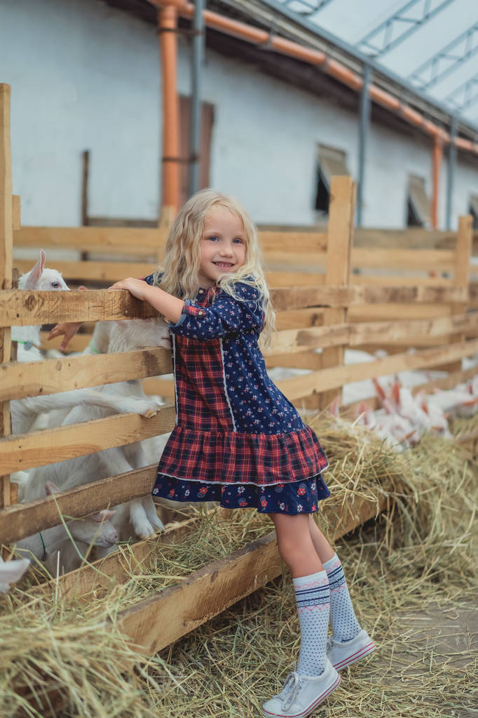 uśmiechający się dziecko dotykając kozy w stajni w gospodarstwie - Zdjęcie, obraz