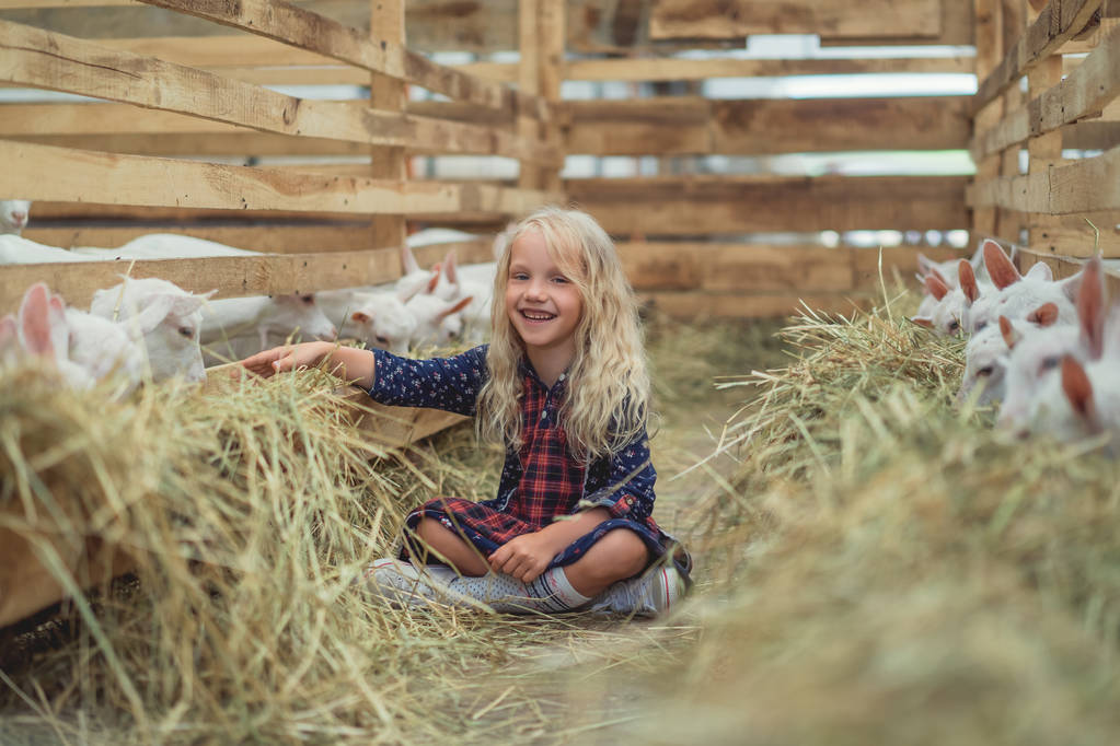 usmívající se dítě, které sedí na zemi nedaleko koz ve stodole a při pohledu na fotoaparát - Fotografie, Obrázek