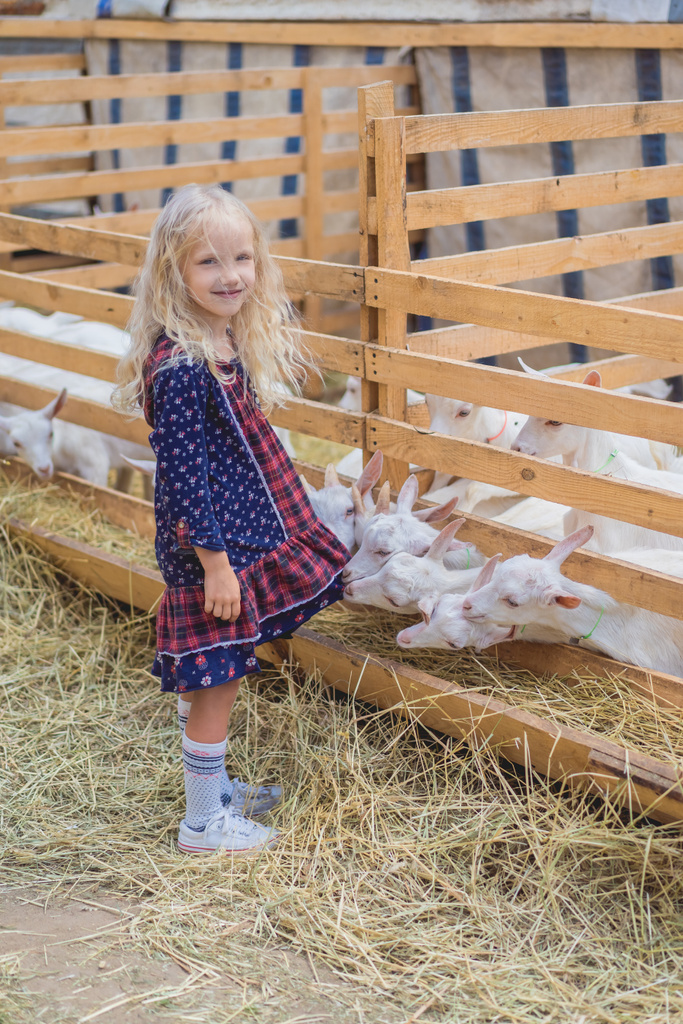grappige geiten bijten kids jurk op de boerderij - Foto, afbeelding