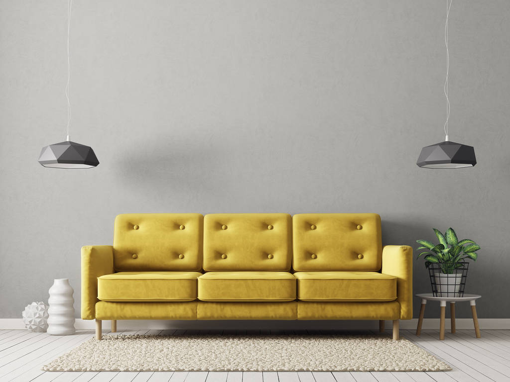 сучасна вітальня з жовтим диваном, рослина в горщику і лампах
 - Фото, зображення
