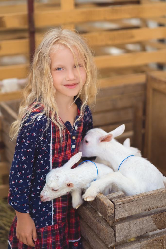 smiling kid standing in barn with small goats - Photo, Image