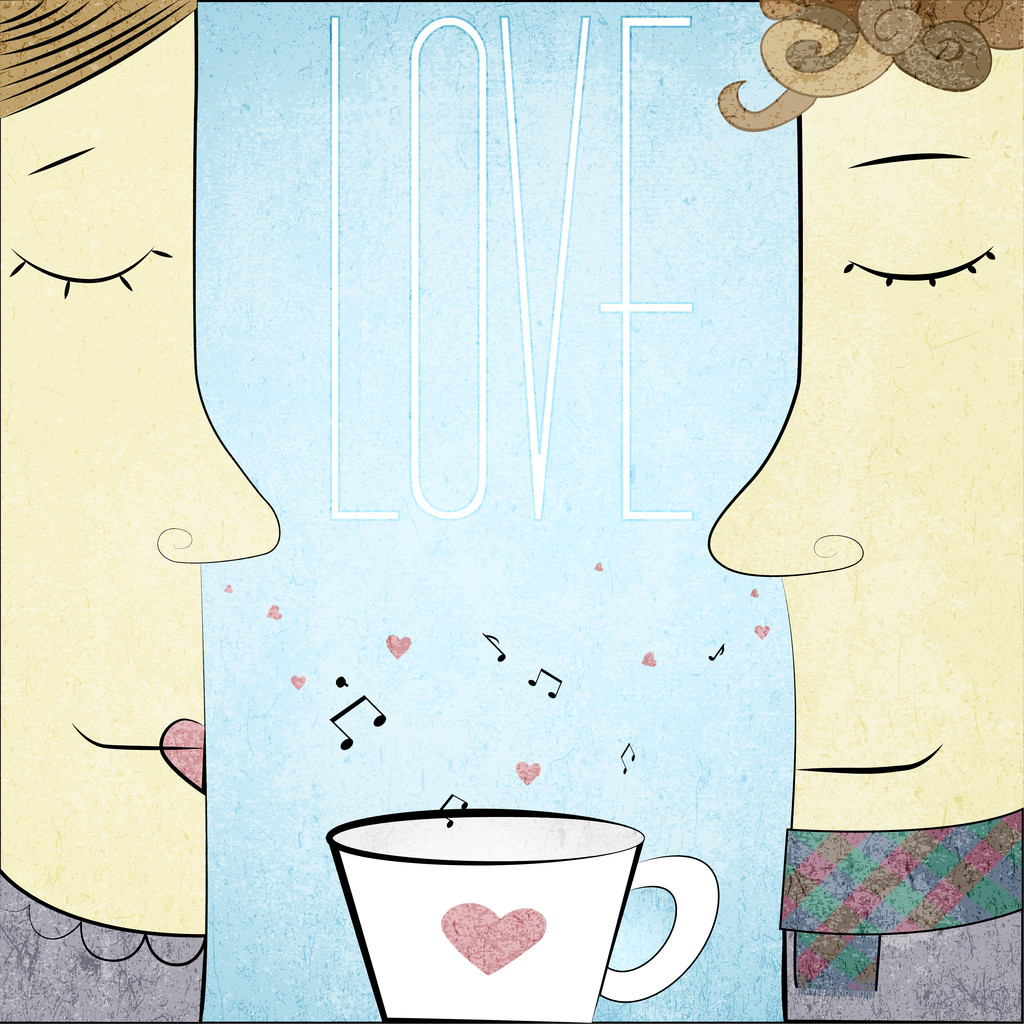 Vector Couple in Love with cup of notes and hearts - Vector, Image