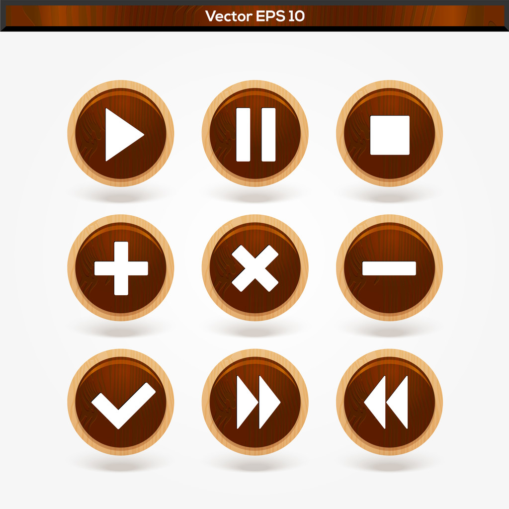 Conjunto de botões redondos de madeira media player
 - Vetor, Imagem