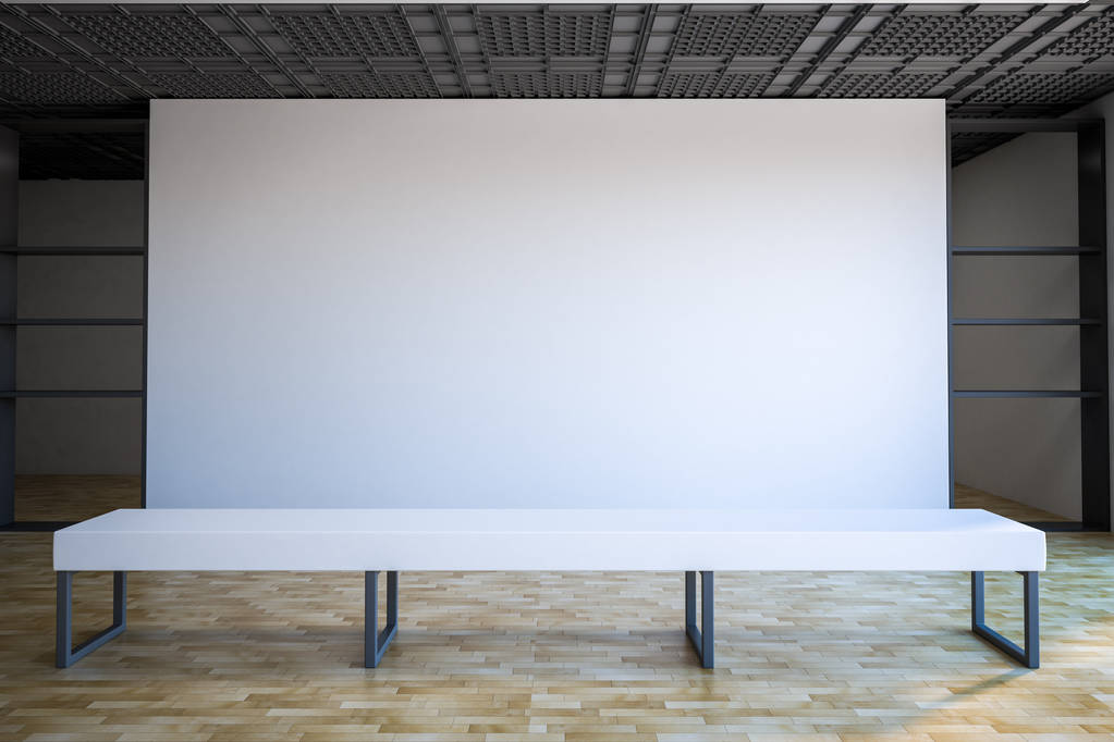 лофт стиле пустой выставки белый пустой баннер в галерее с белой скамейкой на паркетном полу. 3D-рендерин
 - Фото, изображение