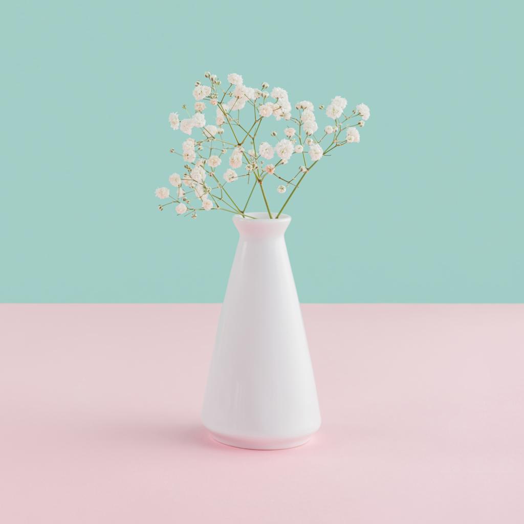 біла ваза з ніжними квітами на рожевому та синьому пастельному фоні
 - Фото, зображення