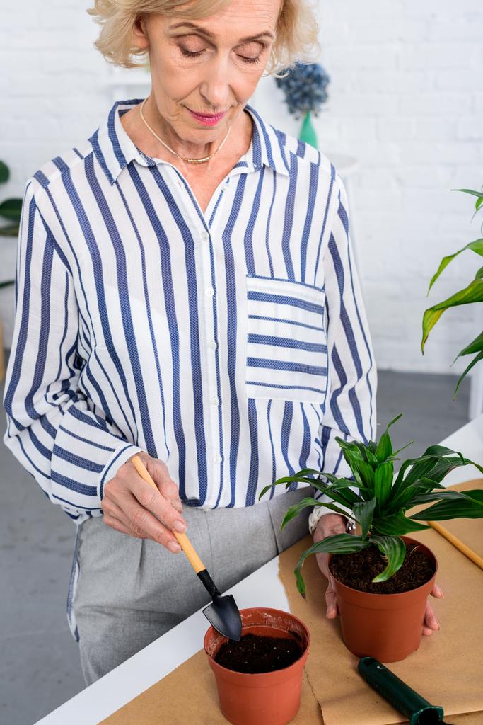 recortado disparo de hermosa mujer mayor cultivando plantas de interior en macetas
 - Foto, Imagen