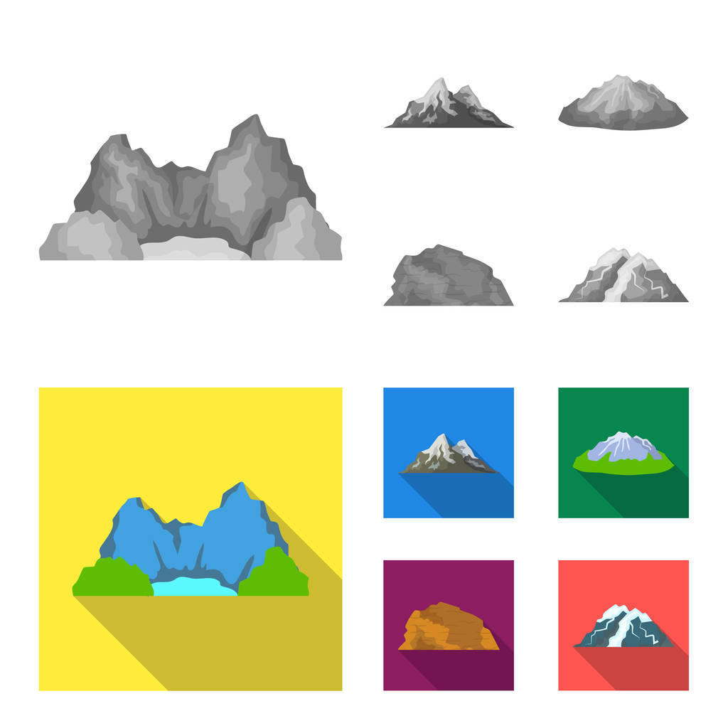 Montanhas no deserto, um pico nevado, uma ilha com uma geleira, uma montanha coberta de neve. Diferentes montanhas conjunto coleção ícones em monocromático, estilo plano símbolo vetor estoque ilustração
 . - Vetor, Imagem