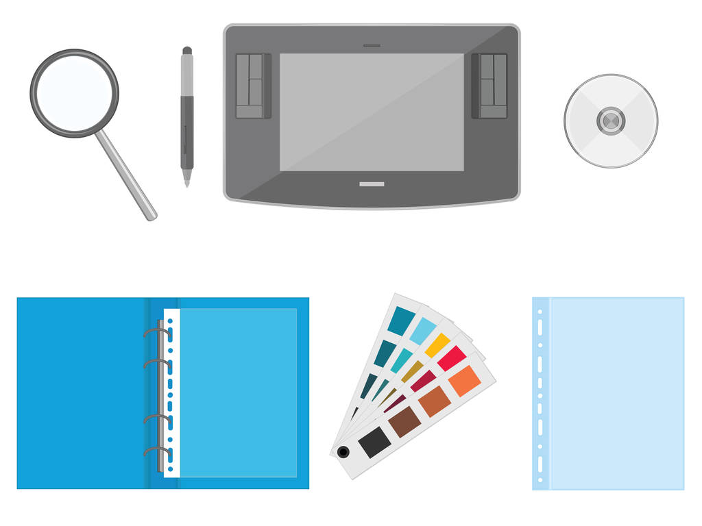 Conjunto para designer - Tablet gráfico, lupa, pasta para arquivos, cores de paletes, disco - isolado em fundo branco - estilo plano - vetor de arte
 - Vetor, Imagem