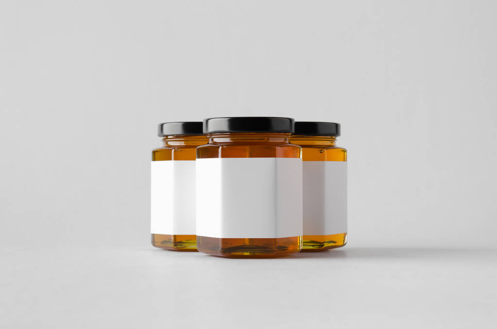 Μέλι σε βάζο μακέτα-τρία βάζα. Λευκά Label - Φωτογραφία, εικόνα
