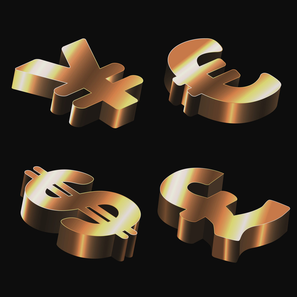 Vector set of golden signs with dollar, euro, pound sterling and yen. - Vector, Image
