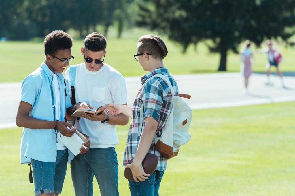 meninos adolescentes multiétnicos com livros e mochilas de pé e conversando juntos no parque
 - Foto, Imagem