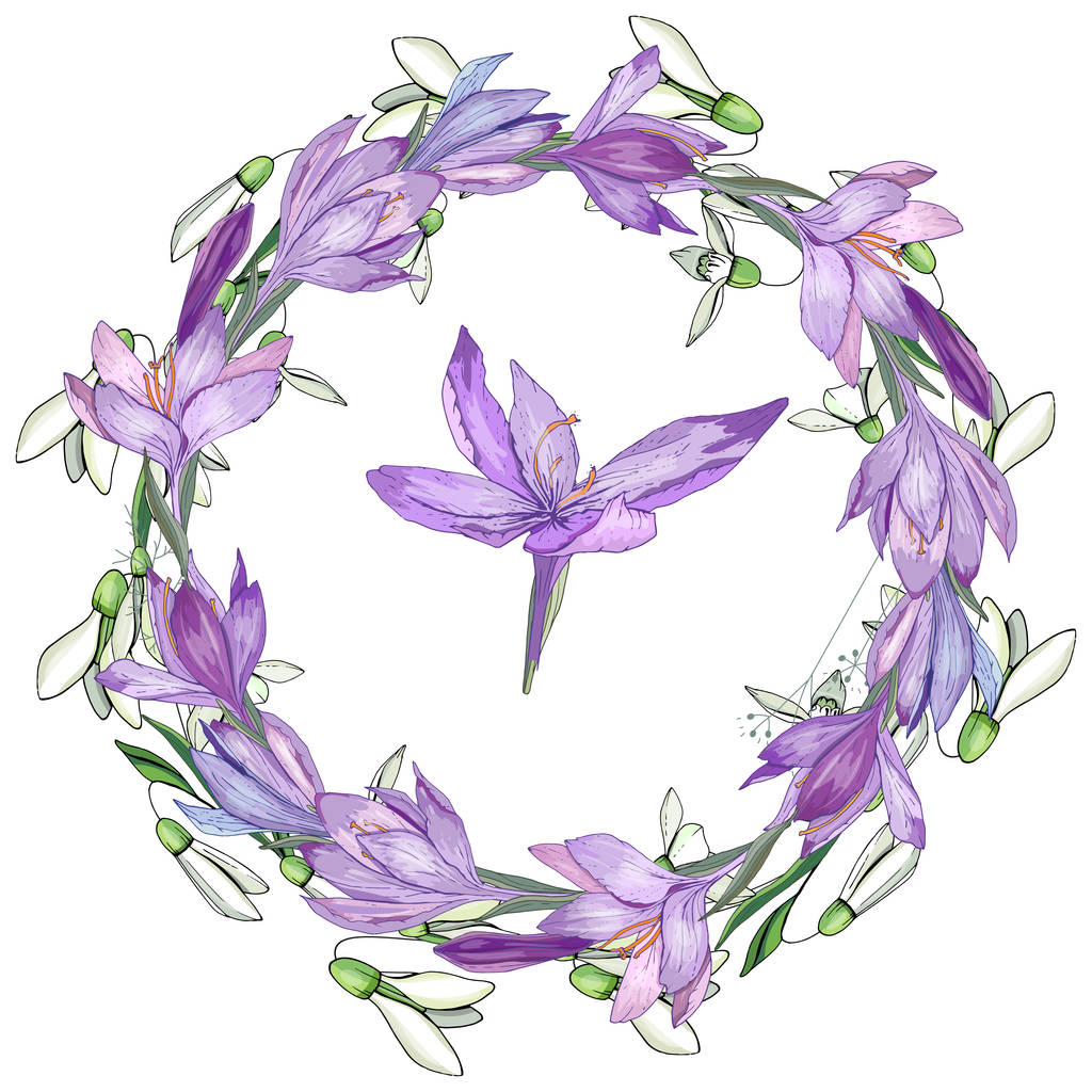 Floral spring elements with cute bunches of crocus and herbs. Endless horizontal  pattern brush. For romantic and easter design, announcements, greeting cards, posters, advertisement. - Vector, Image
