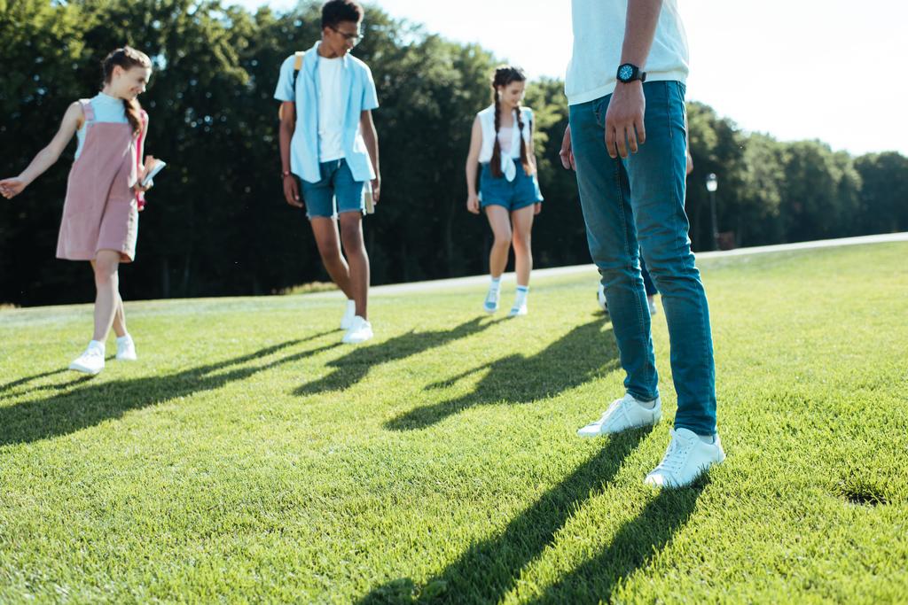 amigos adolescentes multiétnicos pasar tiempo en el prado verde en el parque
 - Foto, imagen
