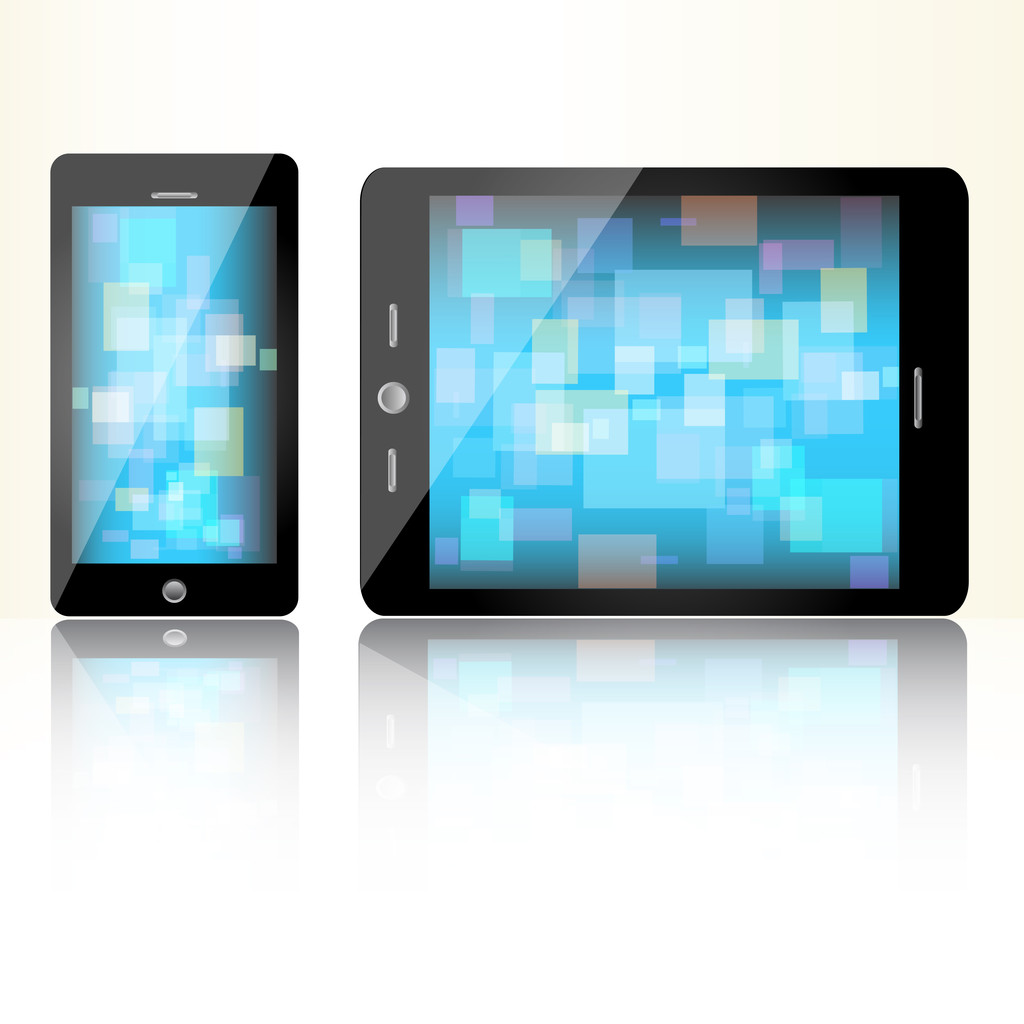 Black tablet mini and smart phone on white background - Vector, Image