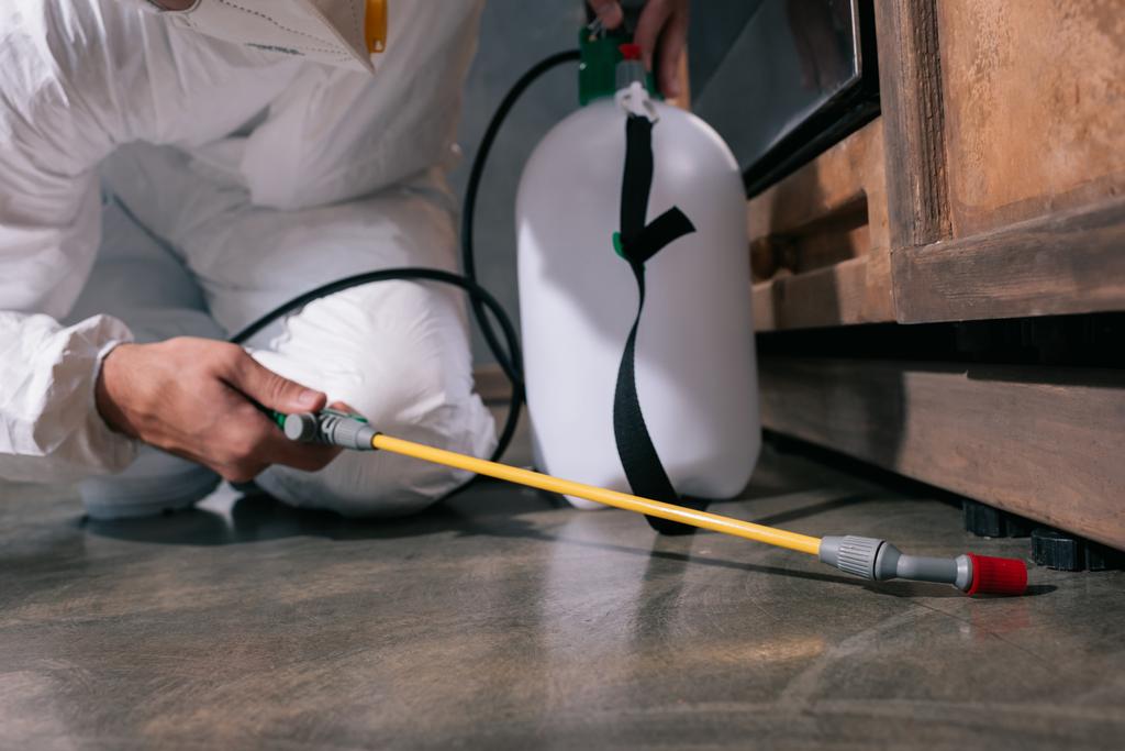 skadrowana pracownik kontroli szkodników rozpylania pestycydów na podłodze w kuchni - Zdjęcie, obraz