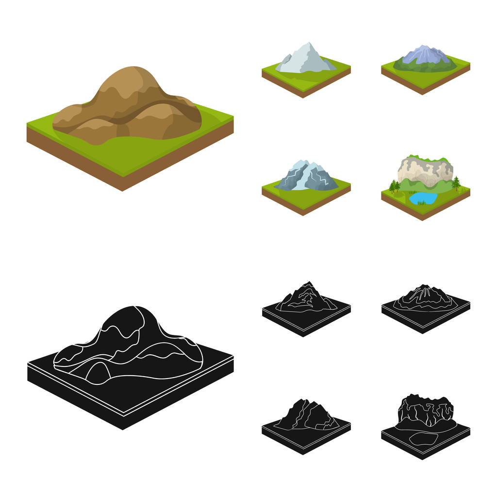 Montañas, rocas y paisaje. Relieve y montañas establecen iconos de colección en dibujos animados, negro estilo isométrico vector símbolo stock ilustración web
. - Vector, Imagen