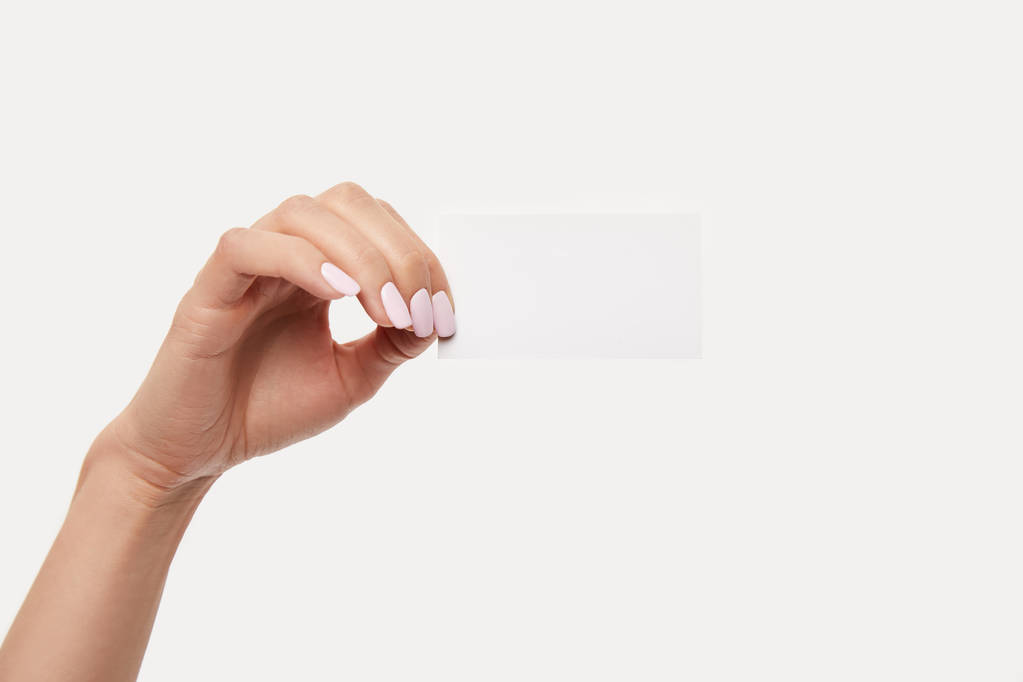cropped image of businesswoman showing empty business card isolated on white background - Photo, Image