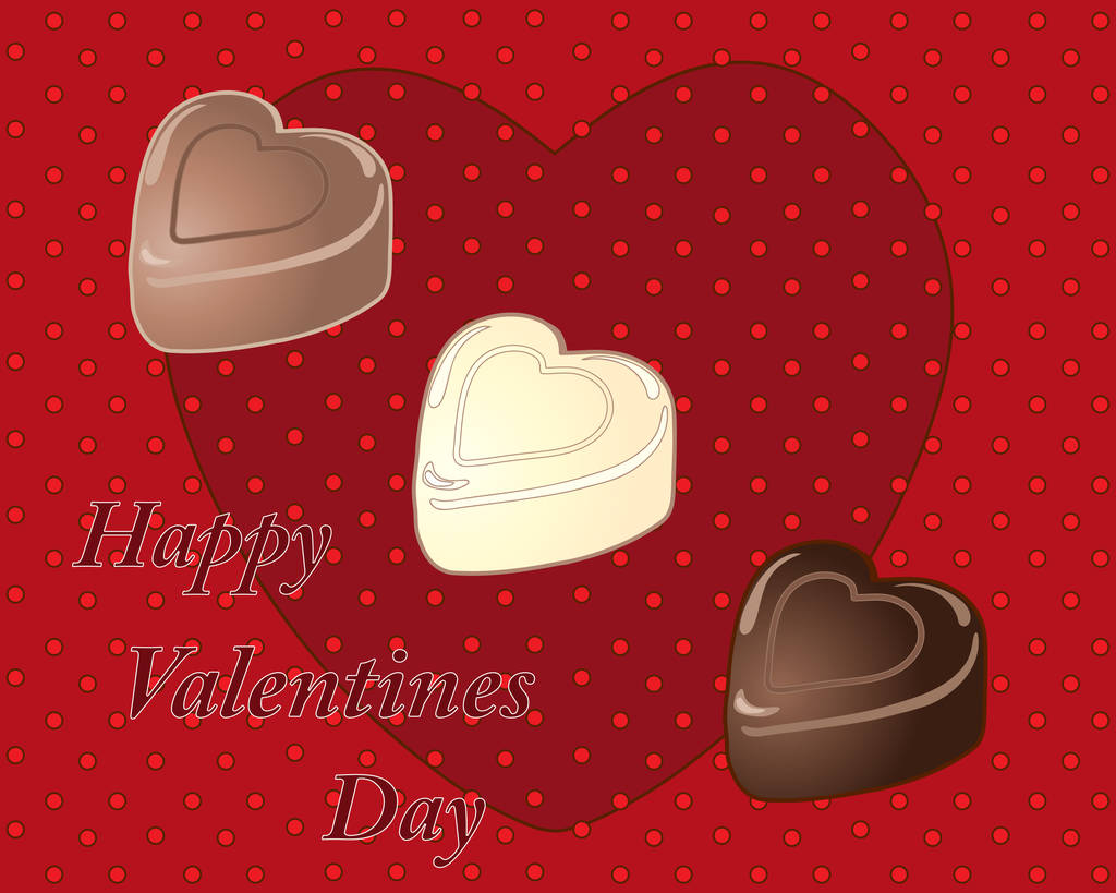 ilustracja wektorowa w formacie eps 10 karty z pozdrowieniami Walentynki z serca kształcie czekoladek w mleko białe i ciemne smaki na czerwonym tle - Wektor, obraz
