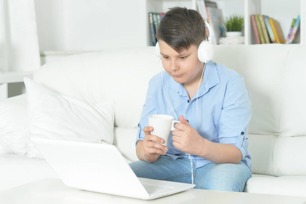 garçon avec tasse en utilisant un ordinateur portable à la maison
  - Photo, image