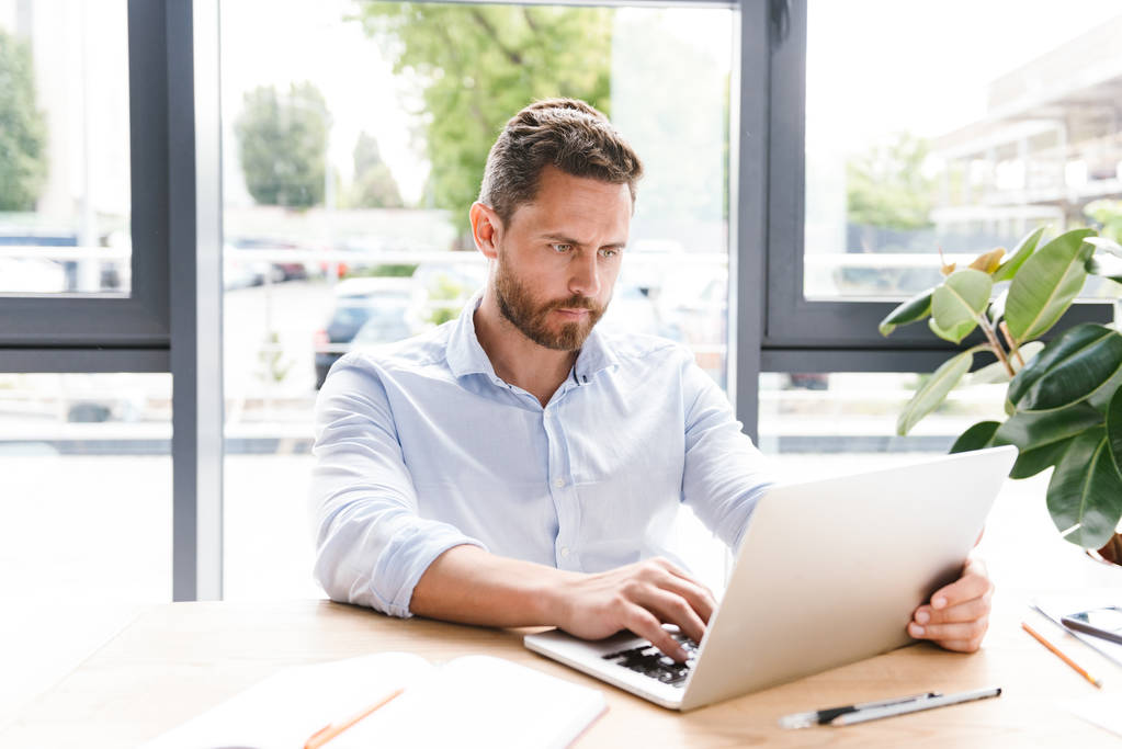 Концентрированный бизнесмен, работающий за ноутбуком, сидя за столом в офисе
 - Фото, изображение